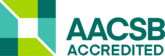 AACSB Accredited logo featuring geometric shapes in green and teal colors, with the text 'AACSB ACCREDITED' prominently displayed.
