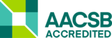 AACSB-akkreditiertes Logo mit geometrischen Formen in Grün- und Blautönen.